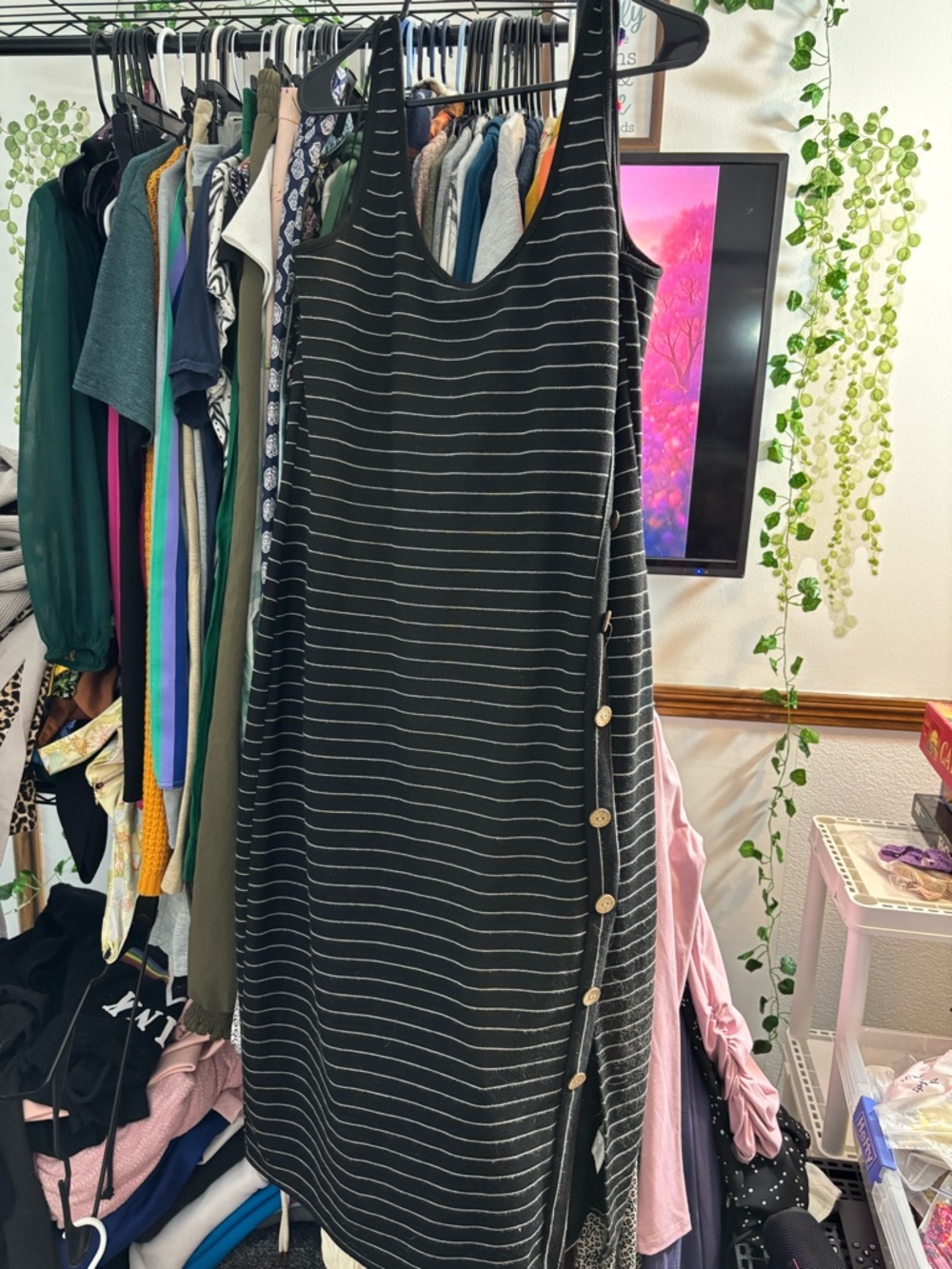 Primark Black and White Striped Midi Dress with Side Buttons